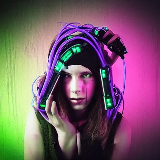 Prompt: “ woman with technical wires wrapped around her head with cybernetic implants, cyberpunk style futuristic grunge, gothic, neon purple and green color aesthetic ”