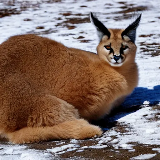 Image similar to fullbody photo still of sleepy fat chubby caracal, lying sleeping on snowy ice, big stomach, fullbody, sunny winter day