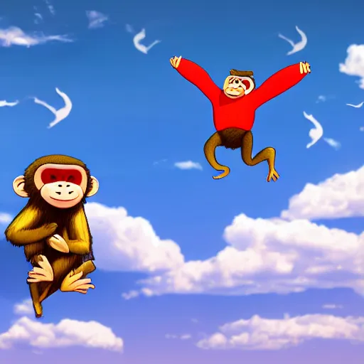 Image similar to angry monkey wearing shorts flying in the air, highly detailed, 8 k, masterpiece, super resolution.