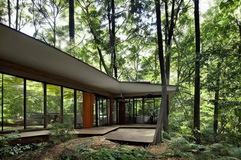 Image similar to mid - century modern home, three stories with a front porch and balcony, nestled into a clearing in a forest, light shining through the foliage