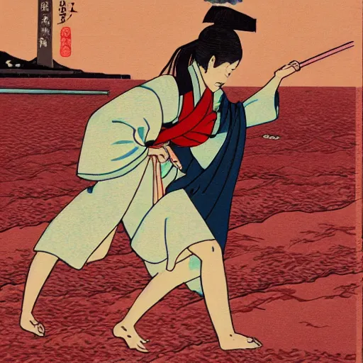 Image similar to Beautiful Japanese woman running from an old samurai on the beach Toshio Saeki, high detailed, artstation trending