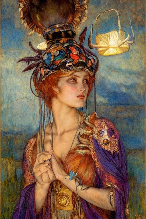 Prompt: queen of twilight with her lantern, by Annie Swynnerton and Diego Rivera and Gaston Bussière and Tino Rodriguez , elaborate headdress and embroidered velvet, iridescent beetles, rich color, dramatic cinematic lighting, extremely detailed