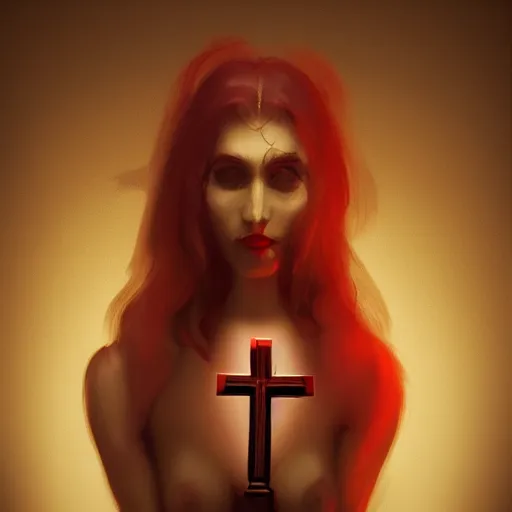Prompt: shameless woman whis impudent facial expression, shadow of catholic church cross, elegant, dark and mysterious, atmospheric, red, trending on artstation, highly detailed, digital painting, volumetric light, concept art, middle focus, illustration, rule 34