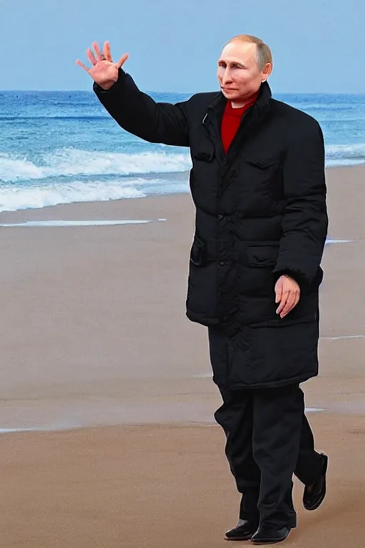 Image similar to Putin on a beach, full character, hyper realistic, highly detailed