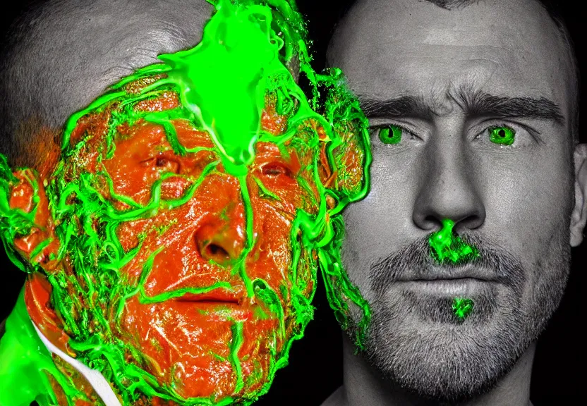 Image similar to a ultra realistic photograph of a man's face being melted off with oozing neon green and white honey