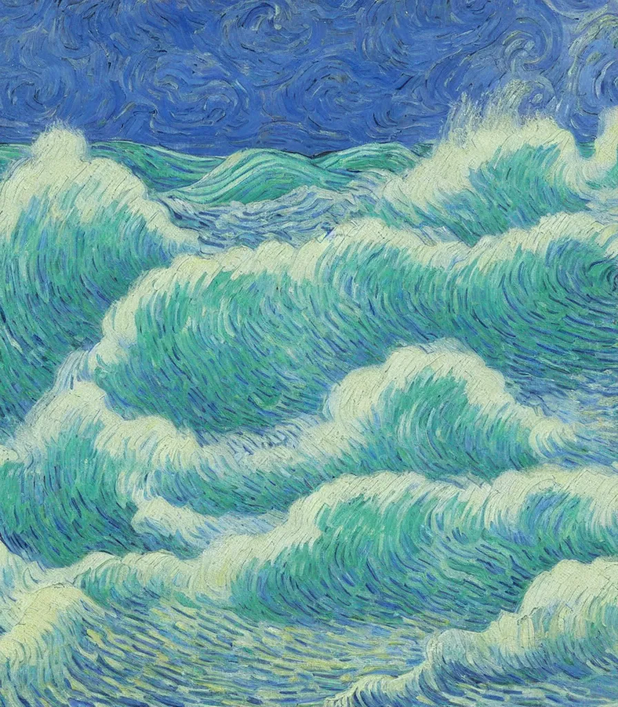 Image similar to an impasto oil painting of a barreling wave painted by vincent van gogh, traidic color scheme, blue and cyan colors, high detail, breathtaking wave, impressionism