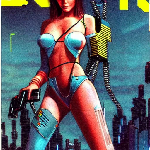 Image similar to cable plugged into cyberdeck, right temple, cyberpunk woman, computer, 1 9 7 9 omni magazine cover, style by vincent di fate, cyberpunk 2 0 2 0