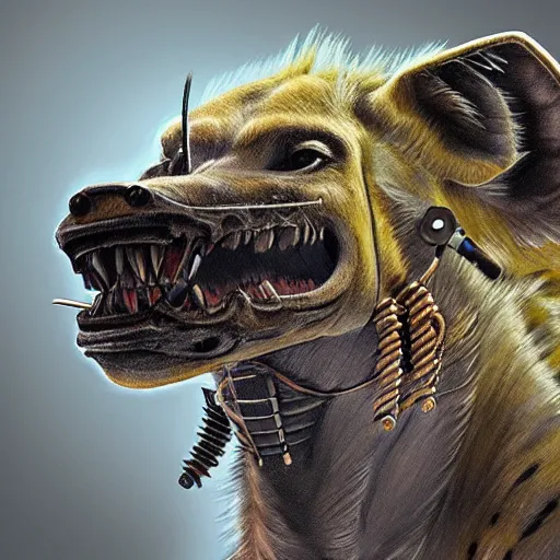 Image similar to realistic cyborg hyena, highly detailed video game concept art