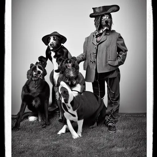 Image similar to black and white vintage portrait of a ragtag team of three dogs as a crew of thieves in a dark steampunk setting