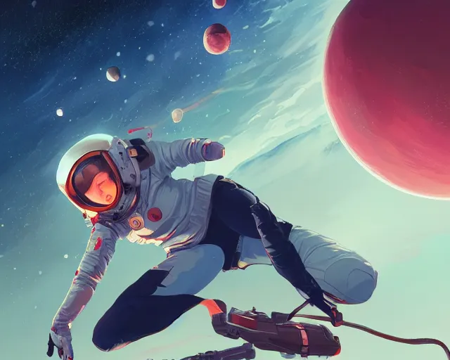 Image similar to young woman flying in space sharp focus, illustration, highly detailed, concept art, matte, trending on artstation, anime, art by james jean and artgerm and brian despain and alberto mielgo, greg rutkowski, wlop, ilya kuvshinov, strong strokes