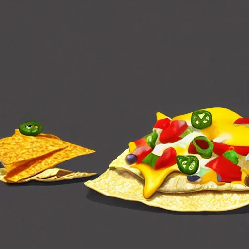 Image similar to ultra realistic illustration, isolated nachos with cheese and jalapeno, blank white background, highly detailed, digital painting, concept art, smooth, sharp