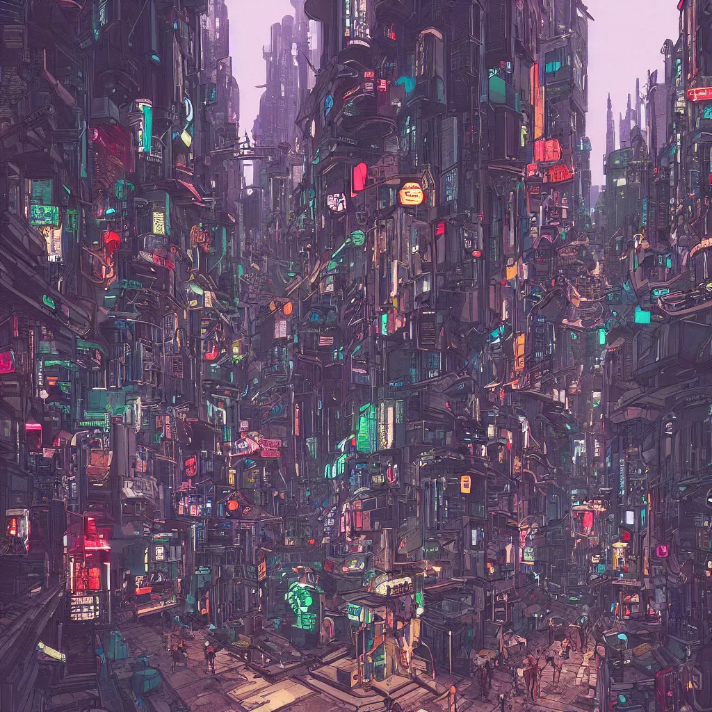 Prompt: a cyberpunk city street with robots and humans walking around, digital painting by moebius