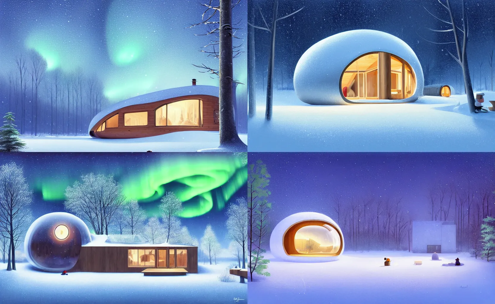 Prompt: a cosy wooden modern eco house shaped like a bubble with large windows in a snowy forest in winter at night, near a frozen pond, peaceful and quiet, aurora borealis, detailed digital painting by goro fujita, by rhads, by raphael lacoste