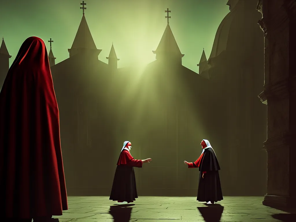 Image similar to Nun dancing with the pope, dramatic lighting, cinematic, establishing shot, high detail, cinematic lighting, post processed, 8k, concept art, artstation, matte painting, in the style of eddie mendoza, raphael lacoste, alex ross