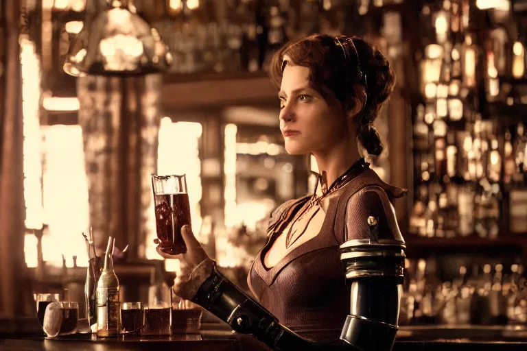 Image similar to cinematography of a beautiful cyborg woman in a vintage western bar alone asking for a drink by Neil Blomkamp