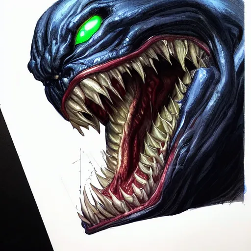 Image similar to a sketch of the god of lightning as venom the symbiote | venom movie | ~ ~ cinematic ~ ~ lighting | award - winning | closeup portrait | by donato giancola and mandy jurgens and charlie bowater | featured on artstation | pencil sketch | sci - fi alien