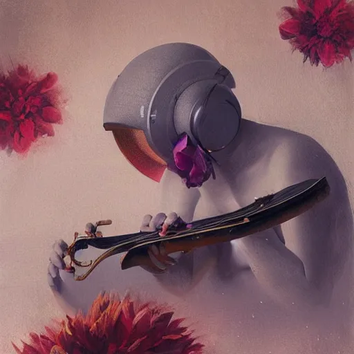 Prompt: art is how we decorate space, music is how we decorate time, greg rutkowski, musical notes, musical instruments, flowers, composer, beautiful artist rendering, gorgeous