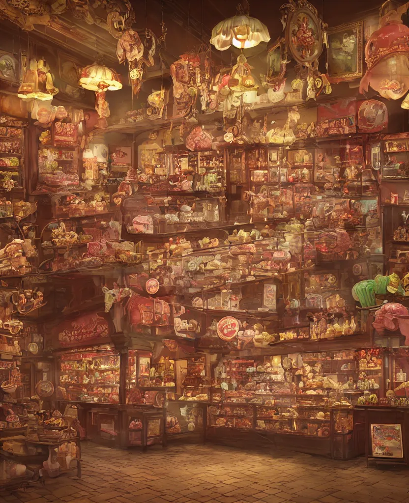 Image similar to Inside an old fashioned sweet shop, fantasy vendor interior, wide angle, cinematic shot, highly detailed, cinematic lighting , photorealistic, trending on cgsociety and unreal engine