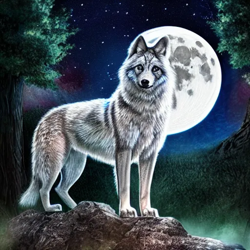 Image similar to a diamond wolf in front of full moon, fantasy art, high definition