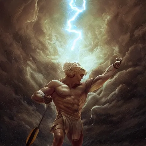 Image similar to benjamin netanyahu as the greek god of lightning, shooting lightning from hands, highly detailed, ultra clear, by artgerm and greg rutkowski