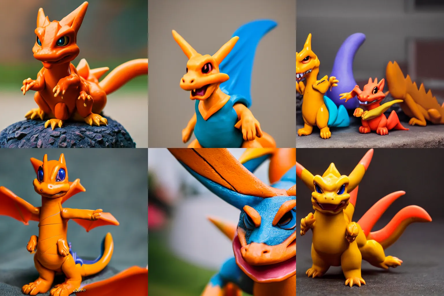 Prompt: miniature colorful clay sculpture of charizard, close up dslr photo