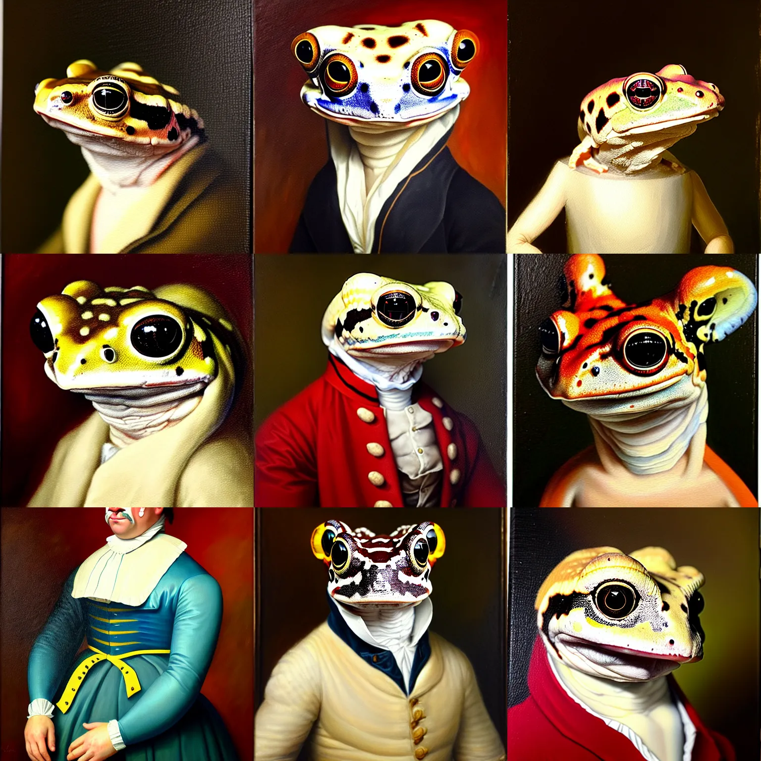 Prompt: a head and shoulders portrait painting of an anthropomorphic!!!!!!!!!! amazon milk frog!!!!!!!!!! wearing a colonial outfit without a hat looking off camera, a character portrait, romanticism, oil on canvas, visible brush strokes, intense color