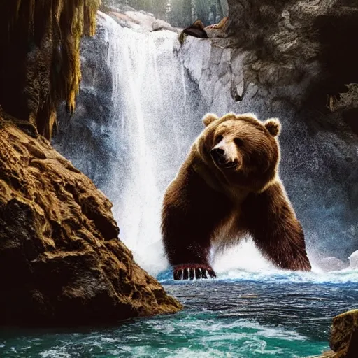 Image similar to a monstrous giant grizzly bear inside of a cave near a waterfall, highly detailed matte painting, sense of awe