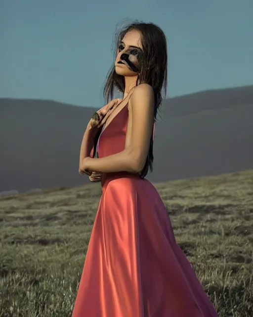 Image similar to in a twilight landscape, a young fashion model woman shows off her figure in a shiny party dress, face and eyes covered by a pointed geometry