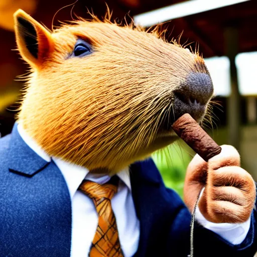 Image similar to an accurate capybara wearing a business suit and smoking a cigar in his mouth