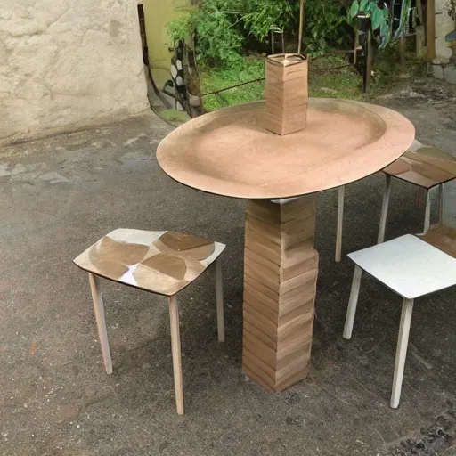 Prompt: a dining set made from pure recycled materials , Art Deco, conceptual art