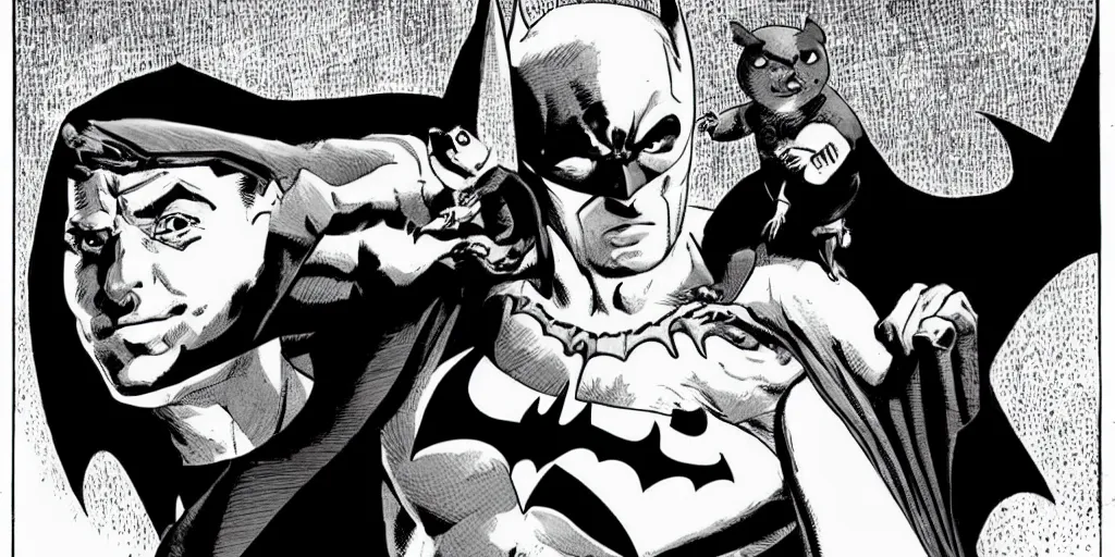 Prompt: Batman posing with a hamster, comic book style