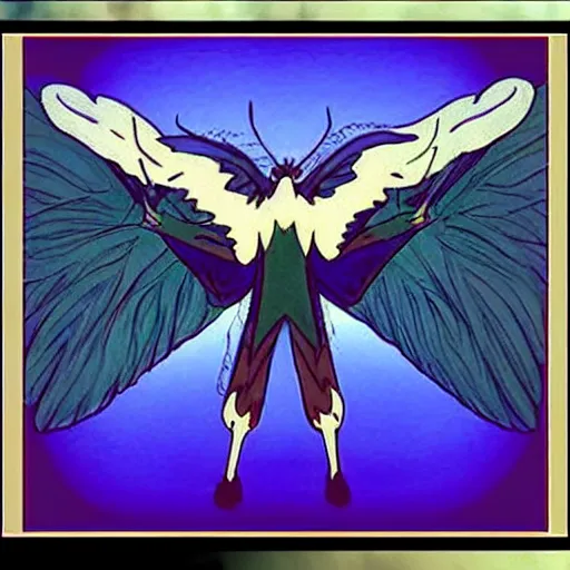 Image similar to photo of mothman with giant wings , cel animation by Manabu Oshashi and Satoshi Kon, professionally post-processed , beautiful, scary, symmetry accurate features, epic, octane rendered, anime masterpiece, accurate