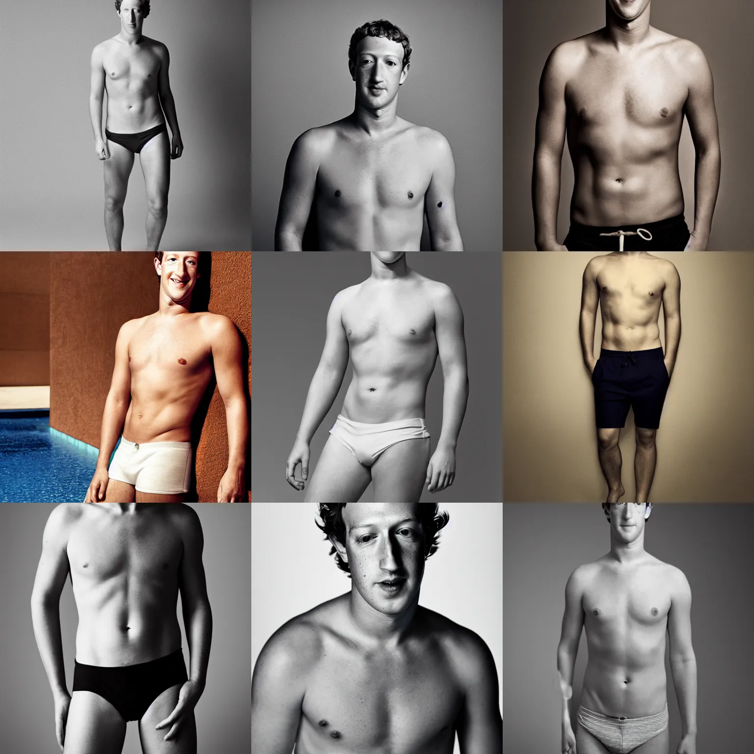 Prompt: Photo of Mark Zuckerberg in swimsuit, soft studio lighting, photo taken by Anne Liebovitz for Abercrombie and Fitch, award-winning photograph, Sigma art lens