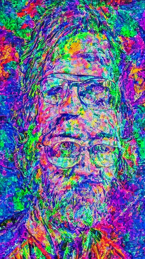 Image similar to photoreal terrance mckenna protrait, vivid psychadelic colorful