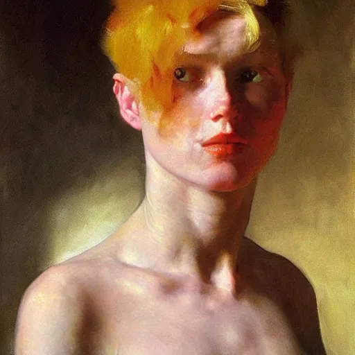 Image similar to A stunning masterful portrait of a striking cryptopunk woman with short pink hair and high cheek bones by Andrew Wyeth, John Singer Sargent, and Norman Rockwell, natural light, oil painting, ethereal, earth tones, strong brushwork