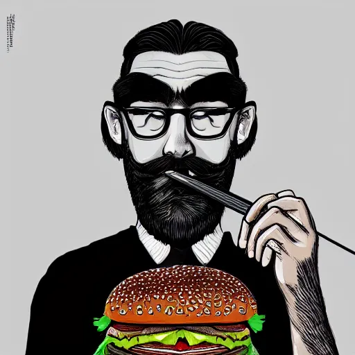 Prompt: beard man angry with italian burger. symmetrical anatomy, intricate details, digital art, baroque, pop punk art style, illustration, fantasy, accompanied by body, without duplication, dribble popular, artstation trending, drawn by ilya kuvshinov and vinicius gud and gustavo zambelli, intricate, balance rendered.