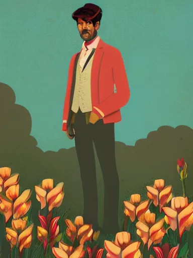 Image similar to artwork by Enjolras Delphin and Wes Anderson, of a solo individual portrait of an Indian guy with lilies, dapper, simple illustration, domestic, nostalgic, full of details, Matte painting, trending on artstation and unreal engine