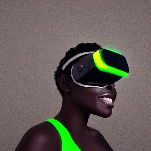 Image similar to dark skinned woman wearing futuristic vr headset neon lights ambient light unity game ultra - realistic