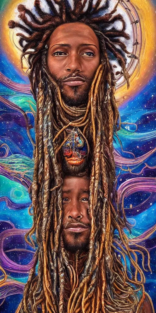 Prompt: a high hyper detailed ultrarealistic painting with many complex textures of man with long dreadlocks making music in the cosmos, cosmic surreal psychedelic magic realism spiritual art