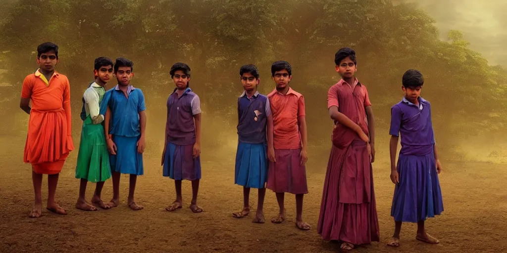 Image similar to kerala school boys wearing girls dresses posing for a photo, daylight, an epic fantasy, dramatic lighting, cinematic, establishing shot, extremely high detail, photorealistic, cinematic lighting, artstation, matte painting by christopher nolan, horizon forbidden west