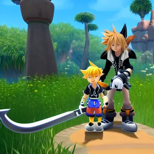 Image similar to A leaked image of a Warrior cats world in Kingdom Hearts 4, Kingdom hearts worlds, Sora donald and Goofy exploring the world of Warrior cats, action rpg Video game, Sora wielding a keyblade, Disney inspired, cartoony shaders, rtx on, Erin hunter, Warrior cats book series