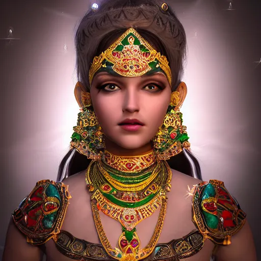 Image similar to photograph of wonderful princess with smooth fair skin, indian, green jewelry, breathtaking, elegant, ornate, intricate, hyper detailed, accent lighting, dramatic light, 4 k octane render