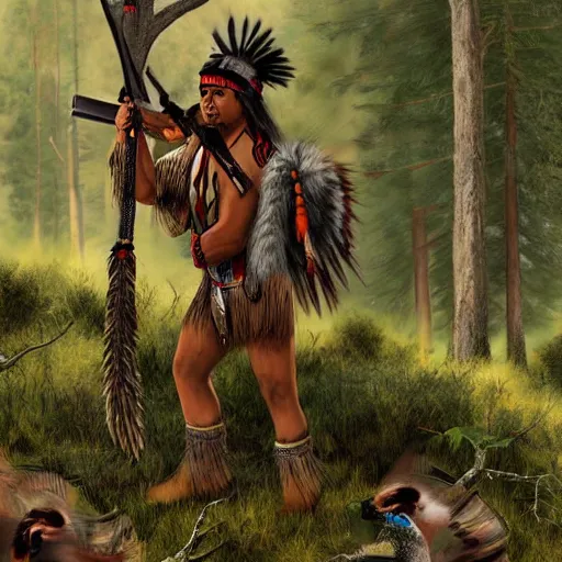 Prompt: native americans hunting in the forest, realistic, clean, detailed