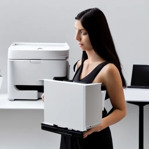 Image similar to a woman surrounded by printers, photorealistic, studio lighting, white ambient background, highly detailed
