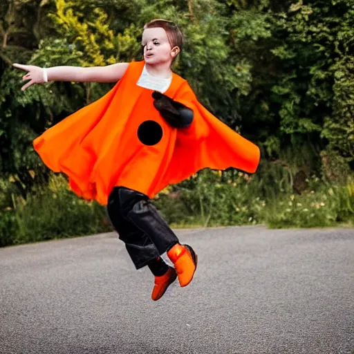 Prompt: an orange with little black eyes and a cape, flying through the air