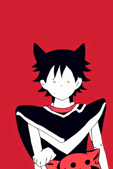 Image similar to little boy with cat ears in an black outfit with red cape. digital artwork made by lois van baarle and kentaro miura, sharpness focus, inspired by hirohiko araki and noir film, anatomically correct, heroic composition, hero pose, smooth