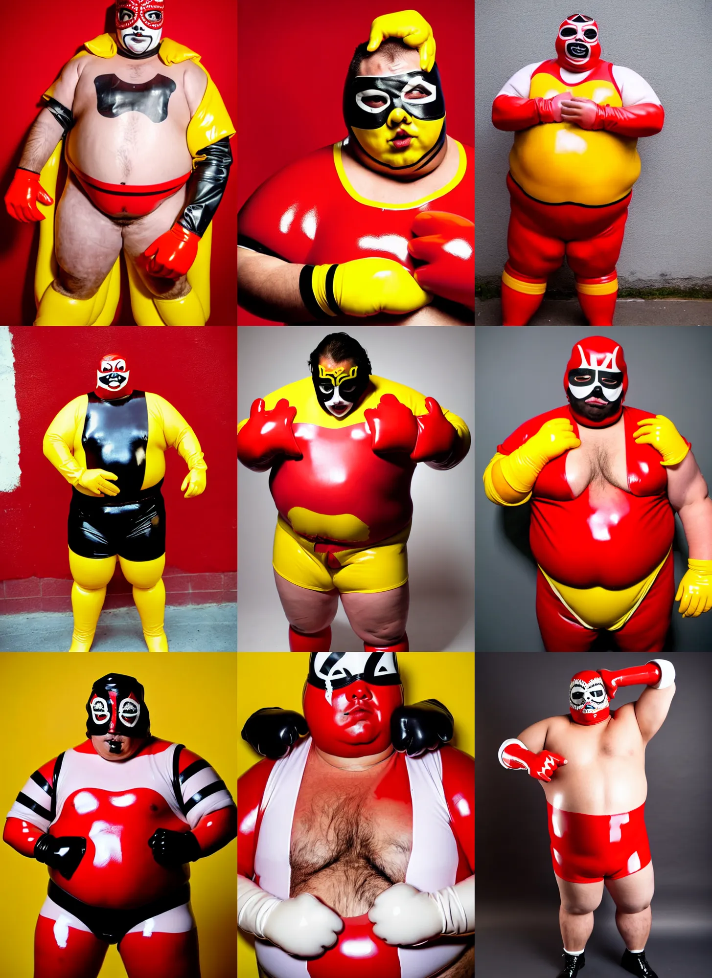 Prompt: portrait of a very chubby looking Lucha libre dressed in rubber latex costume with a big M tattoo on his bare hairy chest, red and white color latex sleeves, yellow latex gloves, red Ronald McDonald hair
