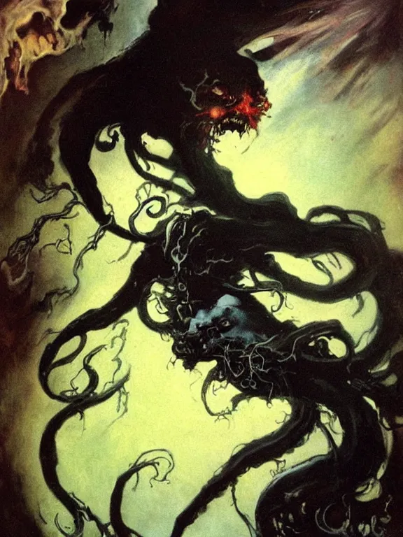 Image similar to painting by frank frazetta of a flying sorrowful looking human head with tears running down it's eyes, face that is chalk white in color, with long sprawling white tentacles stemming down it's neck, fiery scorching red eyes, flying in a terrying hellish dark cavernous place