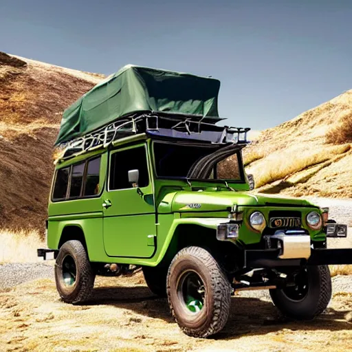 Prompt: closeup of a green Toyota Fj43 build in 1981, traveling through the mountains, black roof, with a roof rack, detailed, in the style of Leonardo da Vinci 8K, octane render, 8K, -n 9