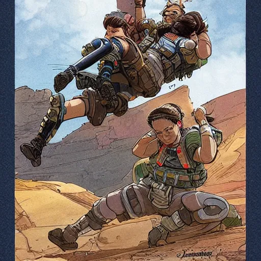 Prompt: apex legends armbar. concept art by james gurney and mœbius.